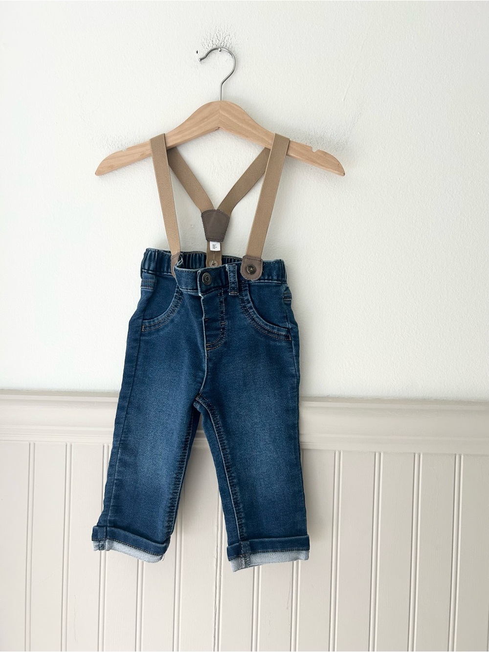 Cat & Jack 6-9 Months Dark Blue Jeans with Tan Suspenders